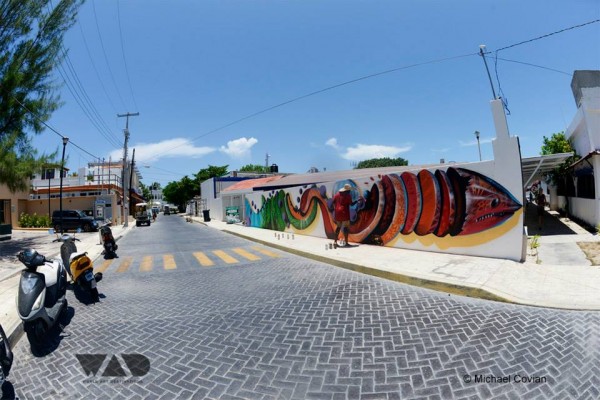 A fish mural by street artist Nosego on a wall on the island of Isla Mujeres, located just off the coast of Cancun