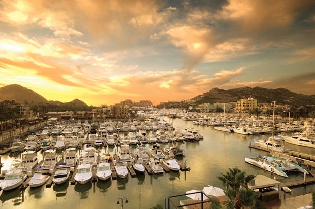 The Cabo San Lucas Marine as seen as the sun goes down over the Baja Desert