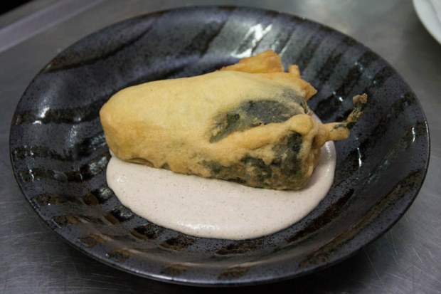 A fried poblano pepper over nogada sauce