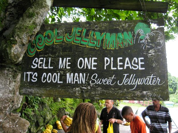 A sign of Cool Jellyman, who sells sweet jellywater of coconut water at a street corner in Jamaica