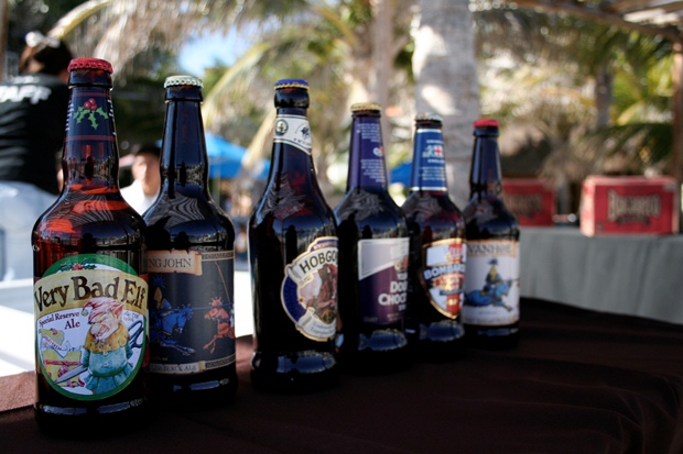 Six different microbrewery beers on display at the International Beer Fest Soy Cerveza in Playa del Carmen, Mexico