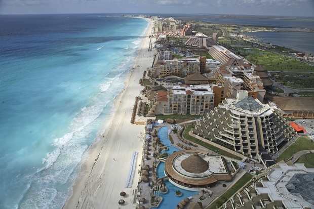 An aerial view of Cancun's hotel zone