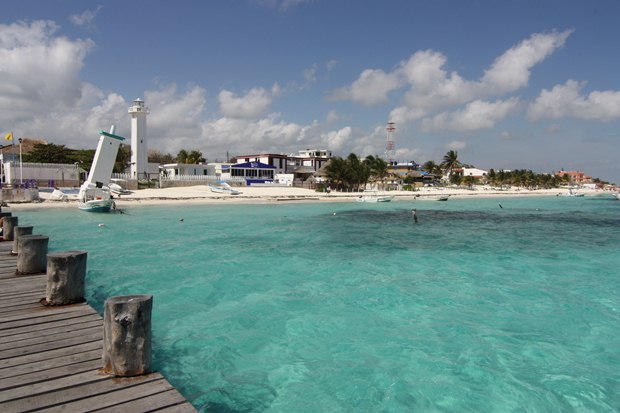 A view of the beach at Puerto Morelos, Riviera Maya, taken from the dock