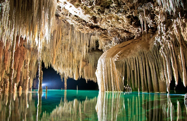 An underwater cascade at Rio Secretos, Riviera Maya, Mexico