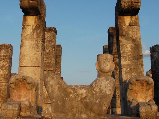 A close-up of a chaac mool sculpture at Chichen Itza