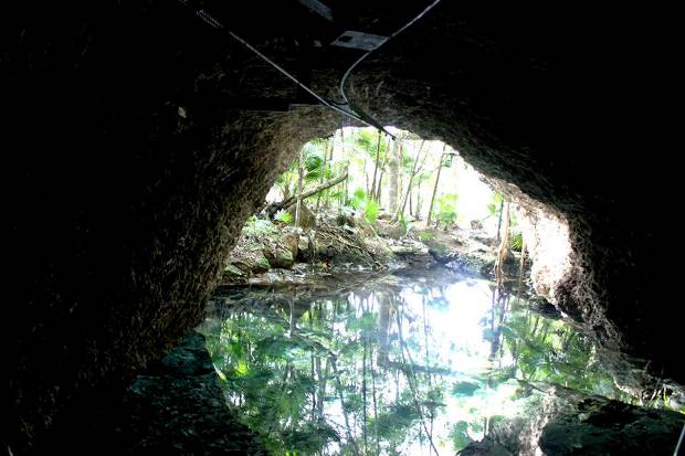 The entrance to an underground tropical cave at the Xel Ha nature park in the Riviera Maya