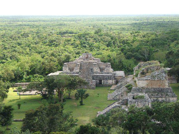 An aerial view of two buildings at the Mayan ruins of Ek Balam