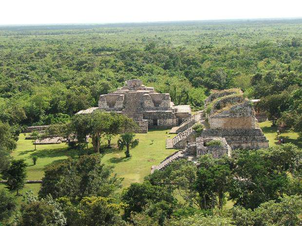 An aerial view taken on the Ek Balam tour overlooking the ruins and surrounding jungle