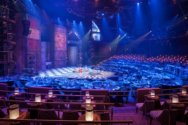 The stage at Cirque du Soleil Riviera Maya is illuminated and set for the presentation of Joya