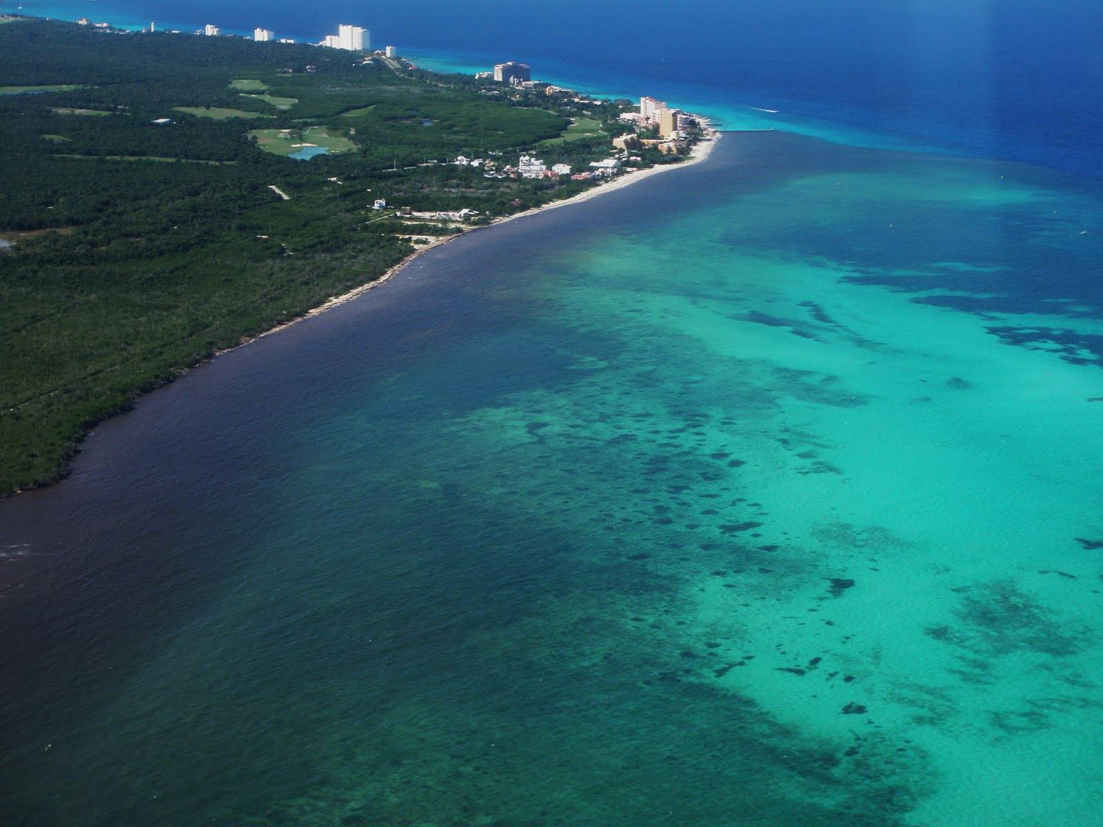 An aerial view of the Cozumel Island coastline in the Mexican Caribbean