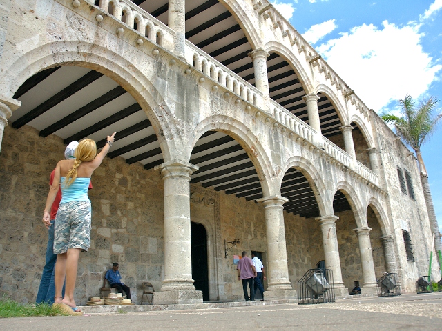 Tourists admire the colonial architecture in the colonial zone of Santo Domingo, Dominican Republic