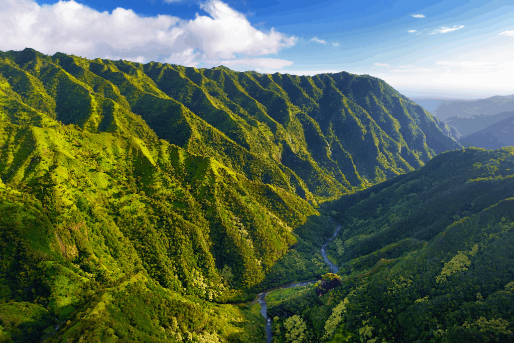 An aerial landscape of green mountains and valleys in Hawaii.