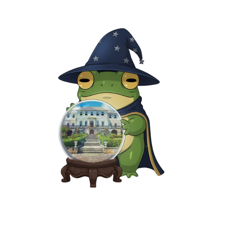 Crystal ball held by a frog on the façade of the haunted house.